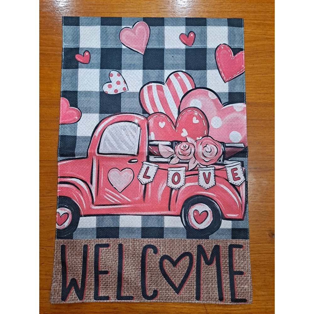NEW Home & Garden 1pc Double Side Red Truck‎ With Hearts Love Garden Flag 12x18